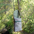 Green and white patterned bag hanging from a tree branch with a forest background